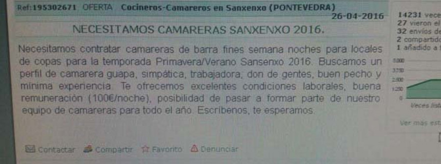 SANXENXO-Denuncian un anuncio de trabajo que  pedía “buen pecho y mínima experiencia”