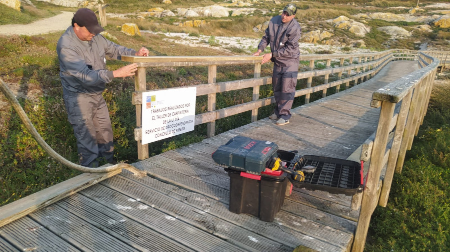 Usuarios de la UAD iniciaron la restauración del paseo de madera y su barandilla en la isla de Sálvora