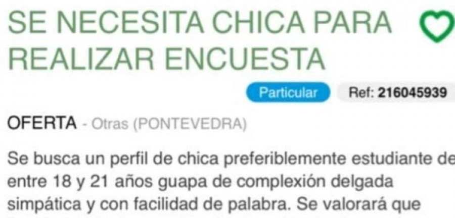 Sanxenxo denuncia una nueva oferta de trabajo sexista en un portal de anuncios
