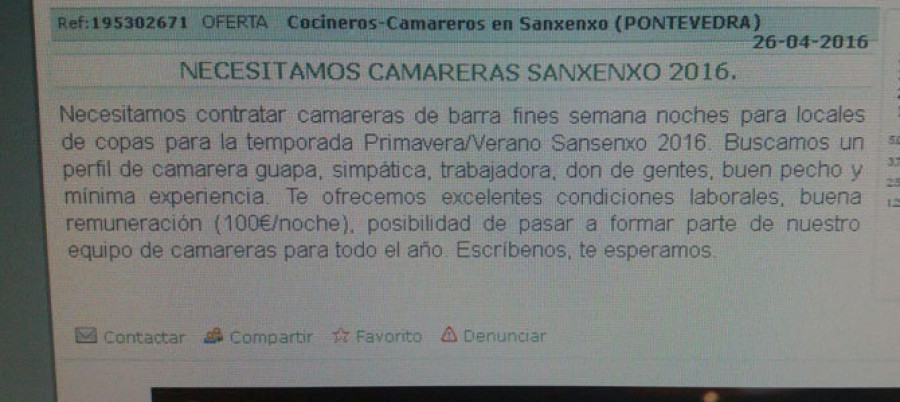 Sanxenxo- Fiscalía investiga si tras el anuncio sexista de camarera hay una agencia de contactos