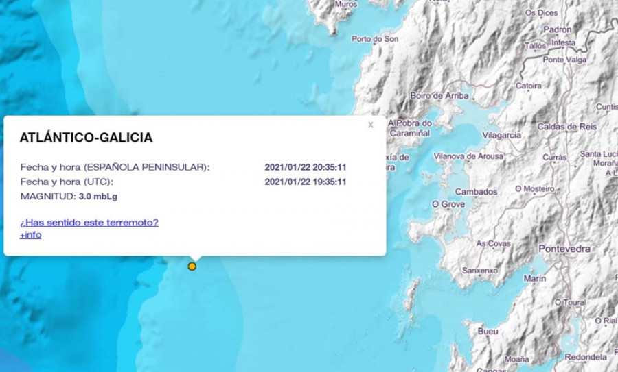 La costa frente a la boca de la Ría de Arousa registra un pequeño temblor de magnitud tres