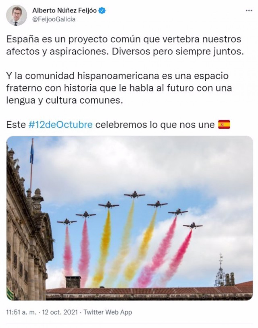 Feijóo reivindica el "proyecto común" de España con motivo de la Fiesta Nacional, a cuyos actos no asiste este martes