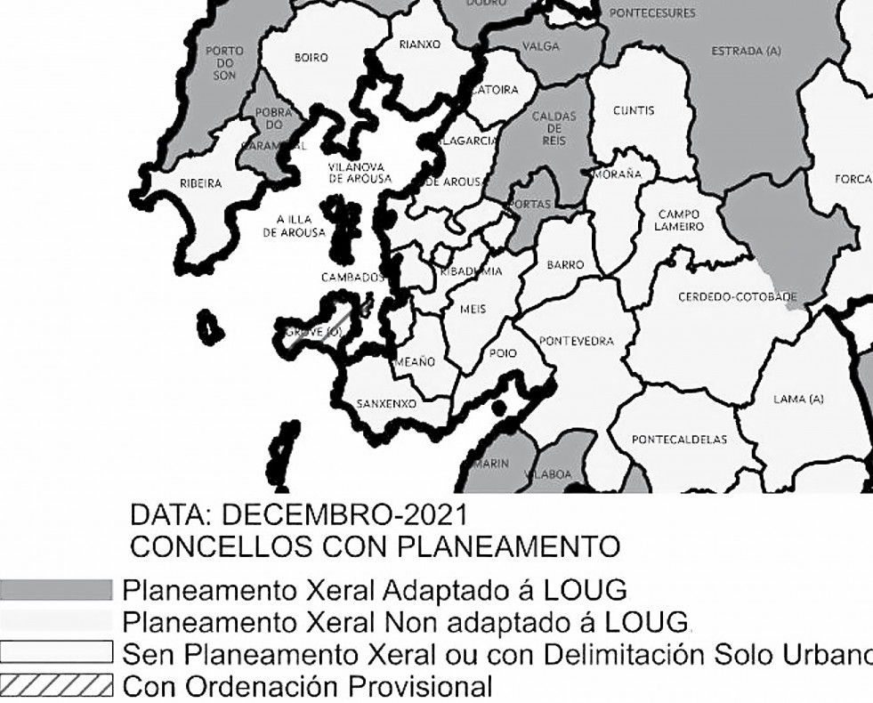 Mapa donde se puede ver el estado del planeamiento de los concellos arousanos