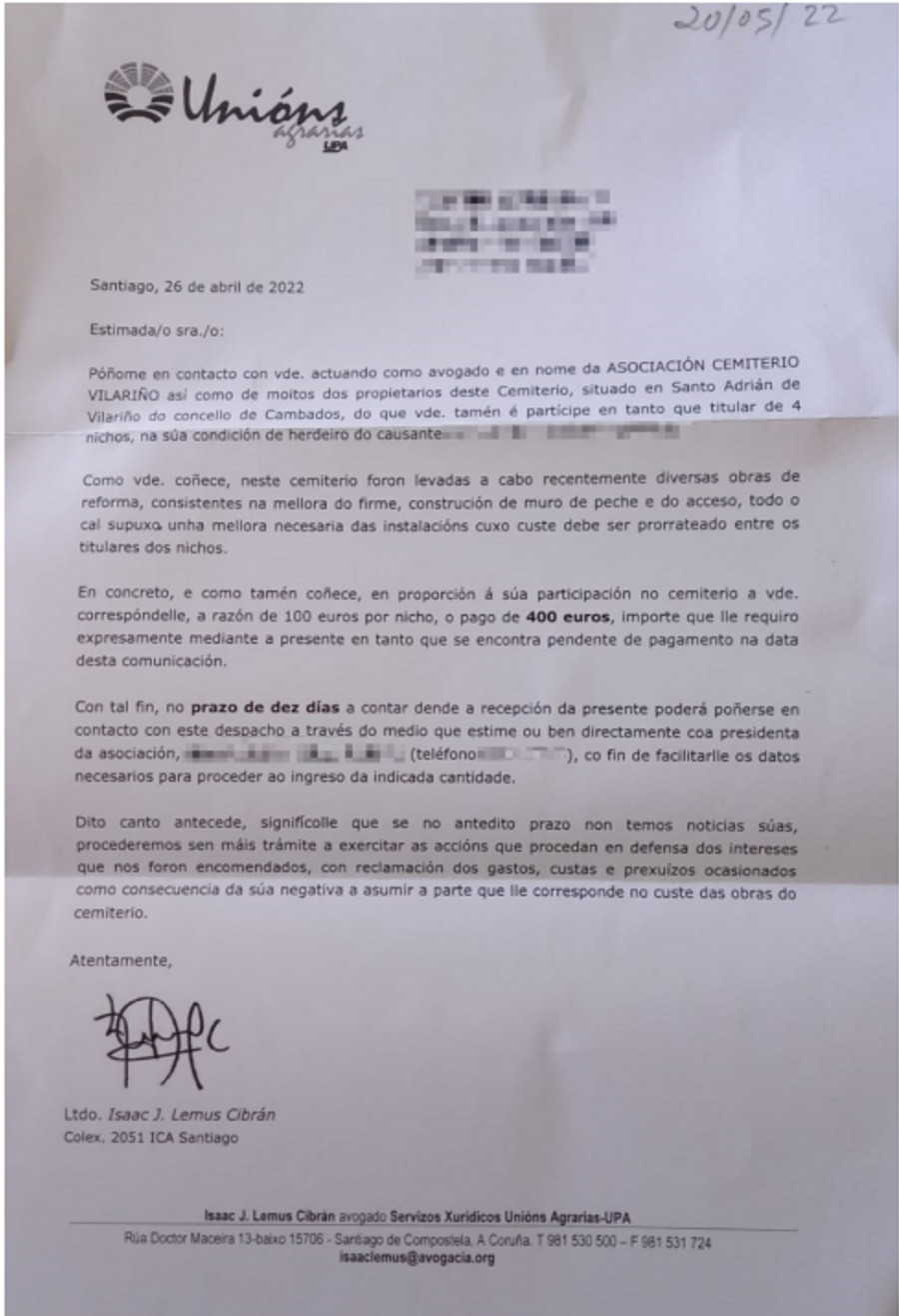 El BNG critica el uso del sindicato del alcalde para exigir el pago del cementerio de Vilariño y Lago se desvincula