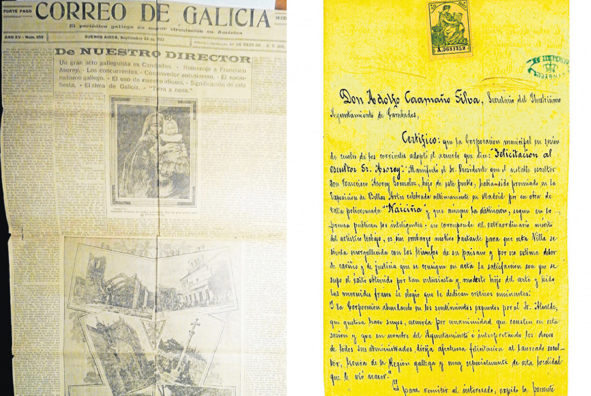 El recorte de prensa del homenaje y copia (tratada) de la centenaria carta del Concello propiedad de la familia  asoc. asorey