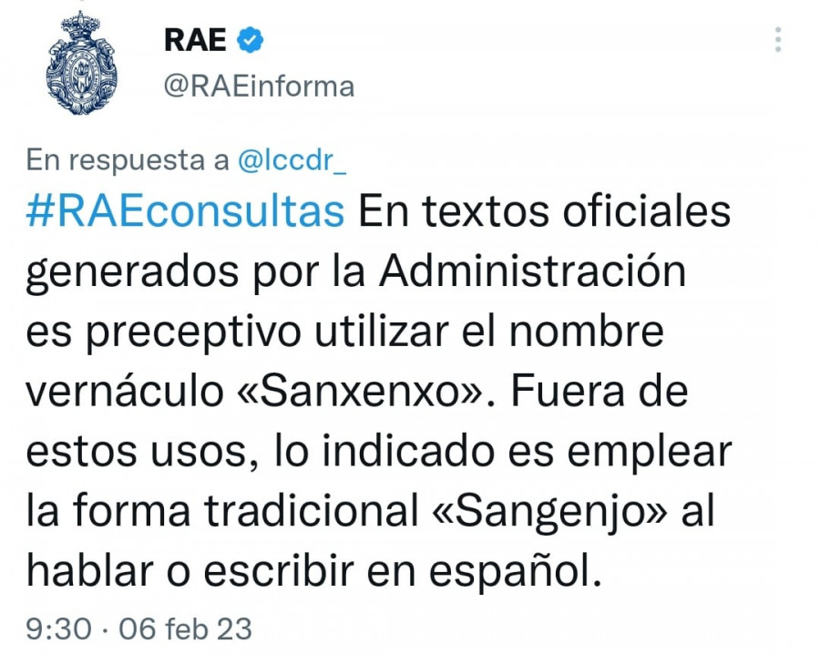 La RAE reactiva la polémica y aconseja el uso de "la forma tradicional Sangenjo" al hablar o escribir en español