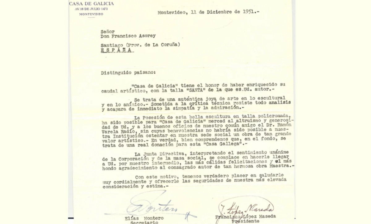 Carta francisco asorey casa de galicia de montevideo uruguay donación escultura Santa
