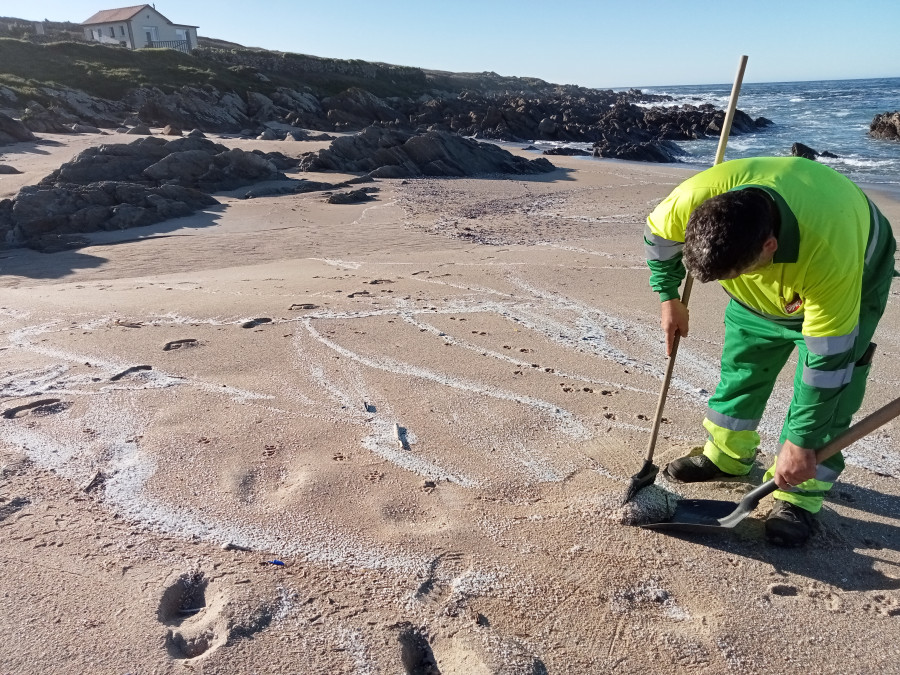 Retirados 52 sacos con millones de pellets plásticos en playas y rocas desde Espiñeirido al faro de Corrubedo, en Ribeira