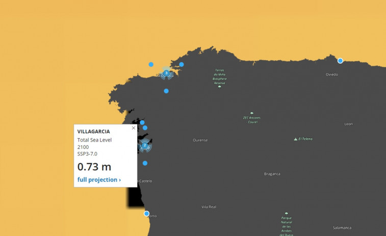 Un mapa de la NASA alerta de la subida del mar en Vilagarcía si no se toman medidas