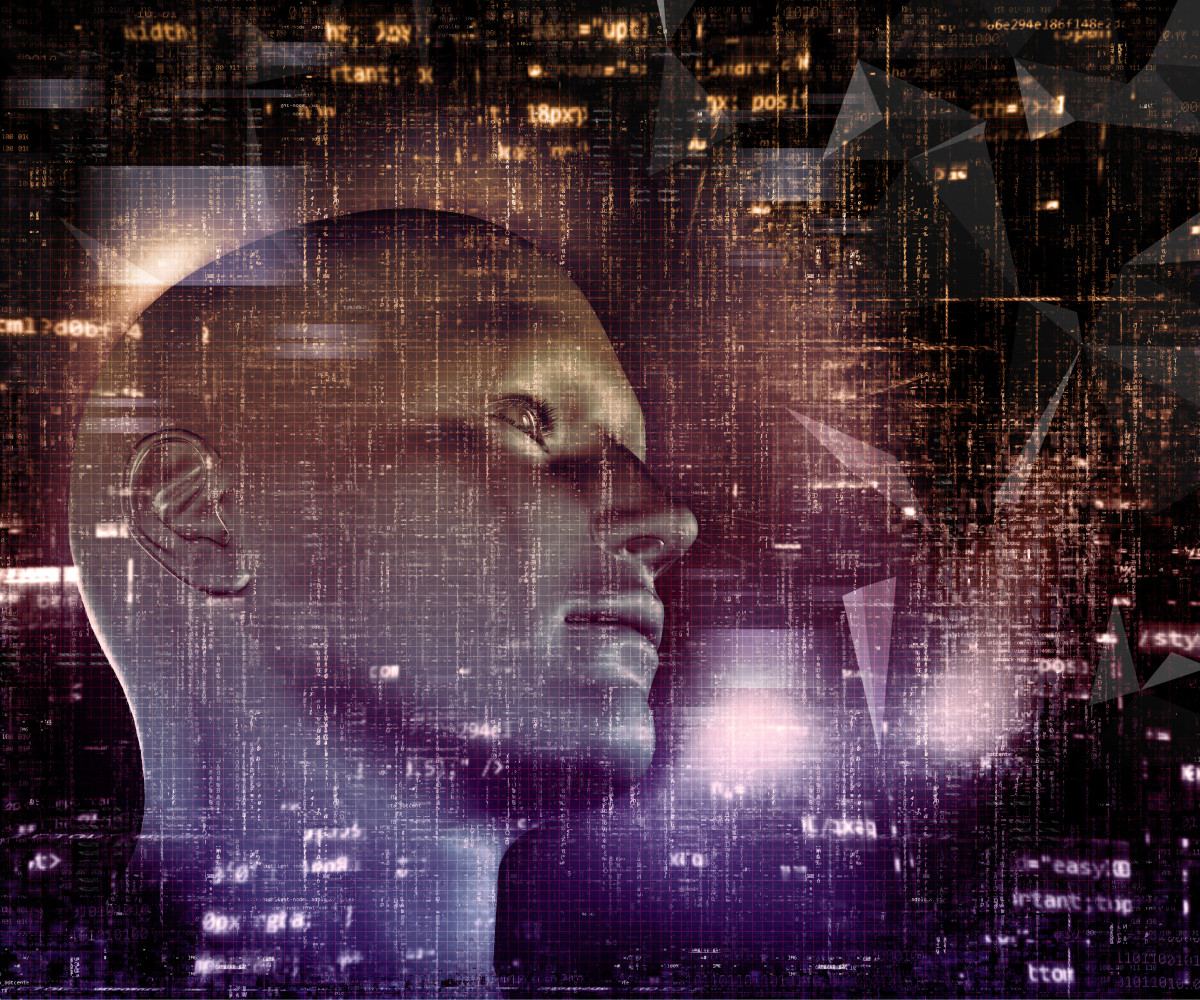 3d render techno background with male head programming code