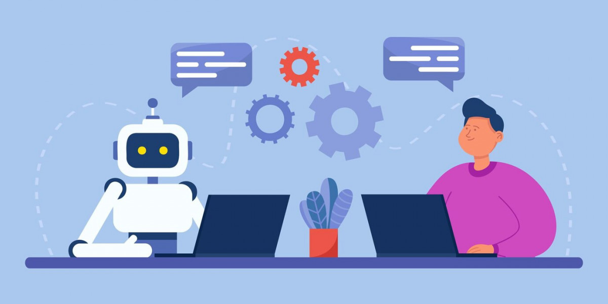 Hombre robot computadoras sentados juntos lugar trabajo mano obra inteligencia artificial futura ilustracion plana 74855 20635
