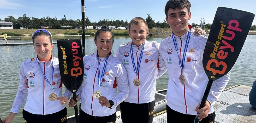 Adrián Sieiro da un oro en el Europeo al Náutico O Muiño en el C4 500 mixto