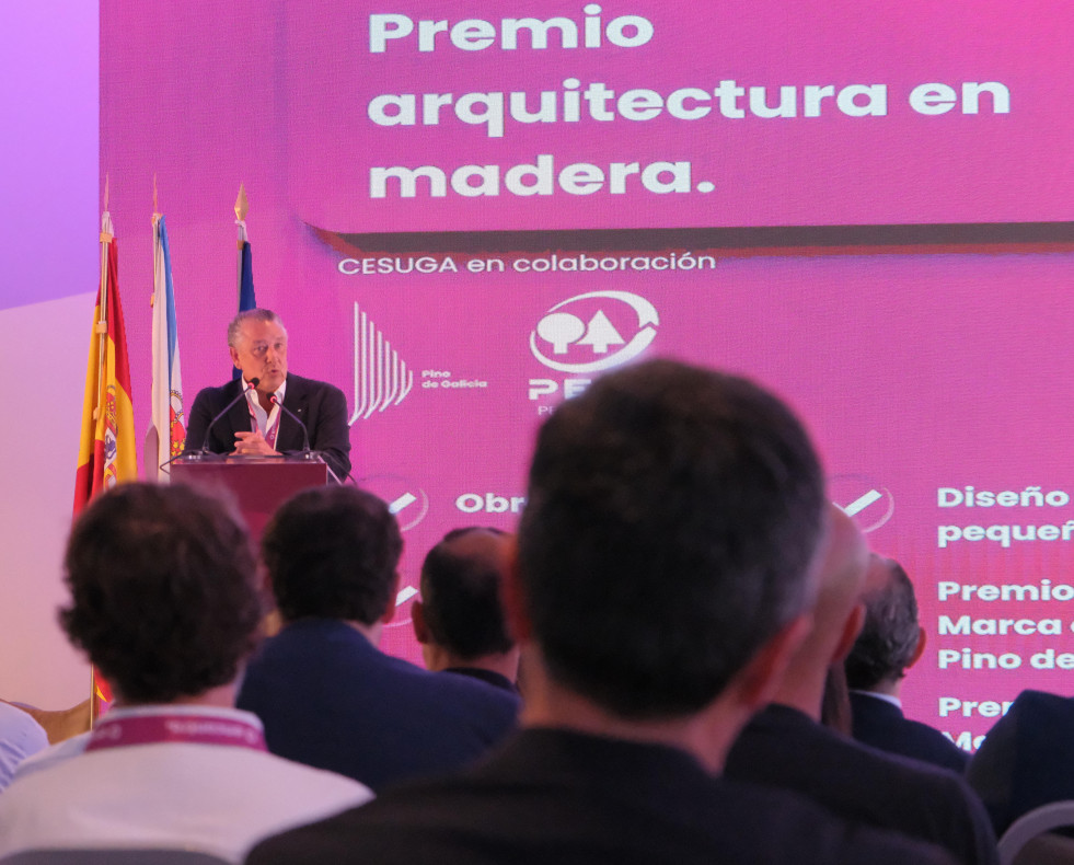Venancio Salcines interviene durante la presentación de los premios Arquitectura en Madera Cesuga Pino de Galicia
