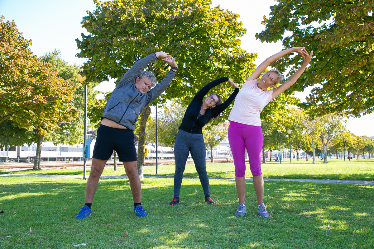 Personas maduras deportivas activas haciendo ejercicio matutino en el parque de pie sobre el cesped y doblando los troncos concepto de jubilacion o estilo de vida activo